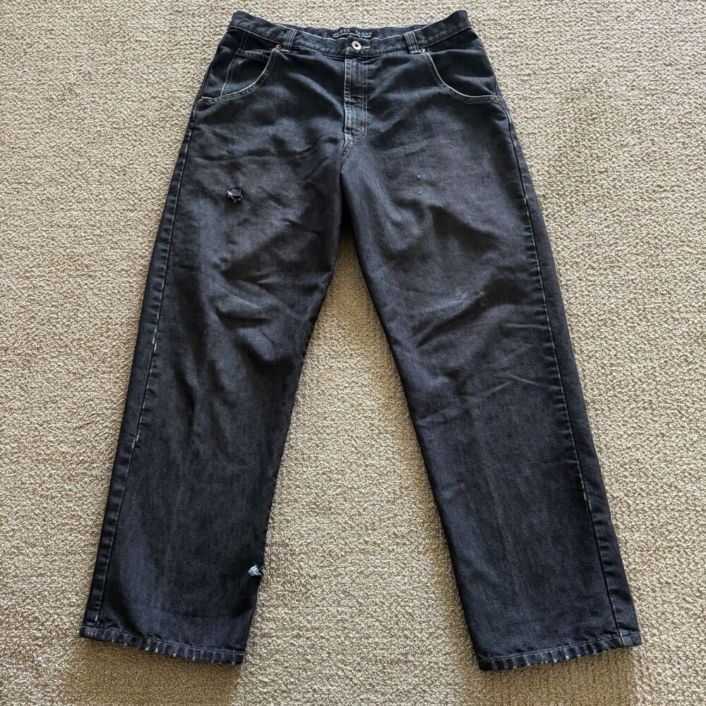Vintage Guess Jeans Mens 34x30 Black Baggy Wide Leg Skater Distressed Fade